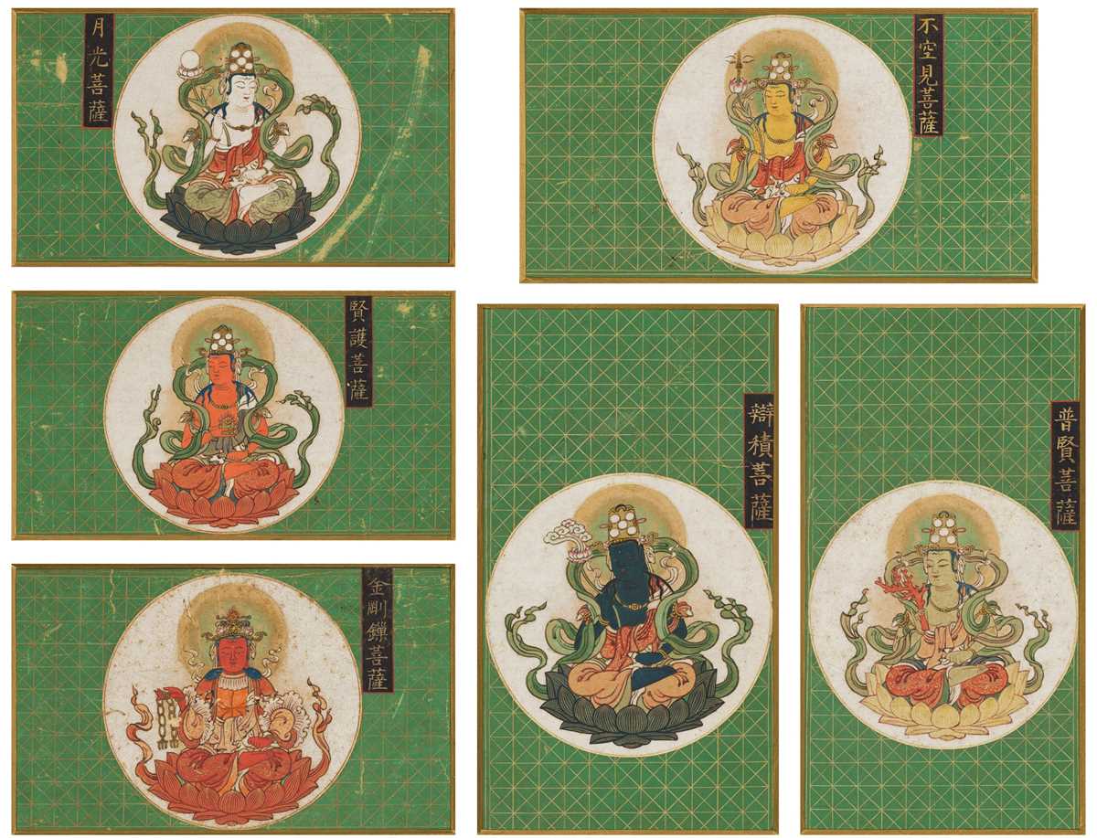 Lot 596 - A RARE SET OF SIX MANDARA FRAGMENTS DEPICTING BODHISATTVA