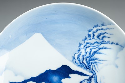 Lot 136 - A BLUE AND WHITE HIRADO PORCELAIN DISH WITH A DEER AND MOUNT FUJI, MEIJI