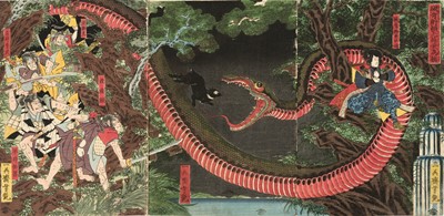 Lot 83 - ICHIEISAI YOSHITSUYA (1822-1866): TRIPTYCH OF YORIMITSU TRIES TO CAPTURE HAKAMADARE BY DESTROYING HIS MAGIC