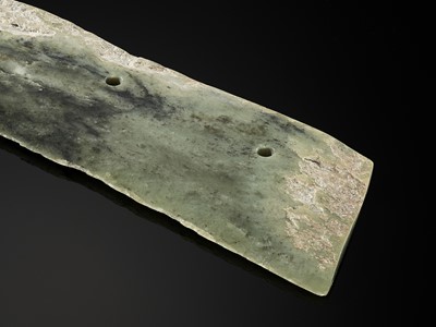 Lot 772 - A LARGE ARCHAIC GREEN JADE AXE BLADE, DAO, QIJIA CULTURE