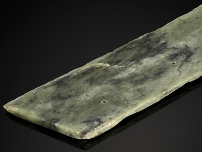 Lot 772 - A LARGE ARCHAIC GREEN JADE AXE BLADE, DAO, QIJIA CULTURE