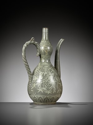 Lot 78 - A SLIP-INLAID ‘CHILDREN AND GRAPEVINES’ CELADON EWER, GORYEO DYNASTY (918-1392)