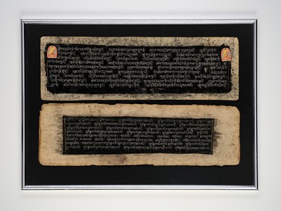 Lot 6 - FOUR TIBETAN SUTRA PAGES WITH POLYCHROME ILLUMINATIONS, 13TH-14TH CENTURY