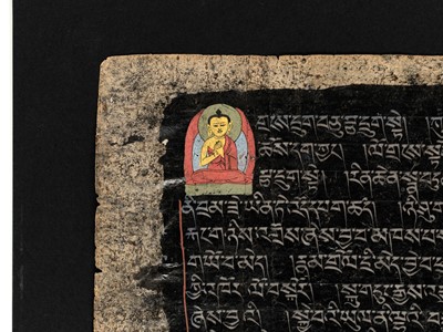 Lot 6 - FOUR TIBETAN SUTRA PAGES WITH POLYCHROME ILLUMINATIONS, 13TH-14TH CENTURY