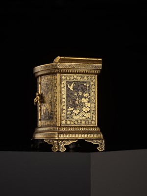 Lot 113 - KOMAI: A SUPERB GOLD-DAMASCENED IRON TABLE CABINET (KODANSU)