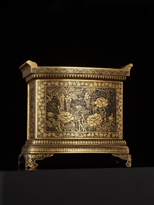 Lot 113 - KOMAI: A SUPERB GOLD-DAMASCENED IRON TABLE CABINET (KODANSU)