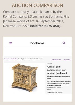 Lot 113 - KOMAI: A SUPERB GOLD-DAMASCENED IRON TABLE CABINET (KODANSU)