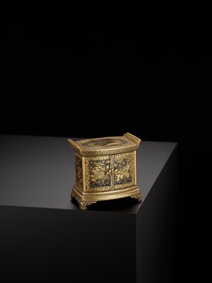 Lot 113 - KOMAI: A SUPERB GOLD-DAMASCENED IRON TABLE CABINET (KODANSU)