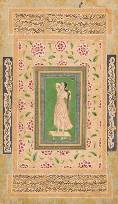 Lot 1644 - AN INDIAN MINIATURE PAINTING OF A LADY STANDING ON A FOOTSTOOL, 18TH CENTURY