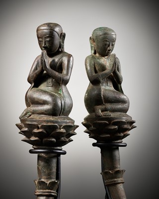 Lot 249 - A PAIR OF BRONZE FIGURES OF SARIPUTRA AND MAUDGALYAYANA, SHAN STATE