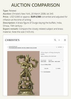 Lot 730 - A BRASS FIGURE OF DURGA MAHISHASURAMARDINI, INDIA, 16TH-17TH CENTURY