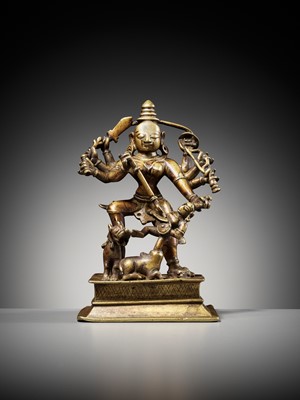 Lot 730 - A BRASS FIGURE OF DURGA MAHISHASURAMARDINI, INDIA, 16TH-17TH CENTURY