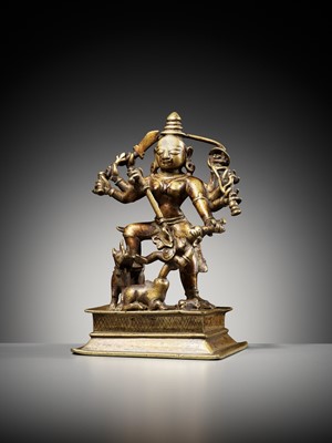 Lot 730 - A BRASS FIGURE OF DURGA MAHISHASURAMARDINI, INDIA, 16TH-17TH CENTURY