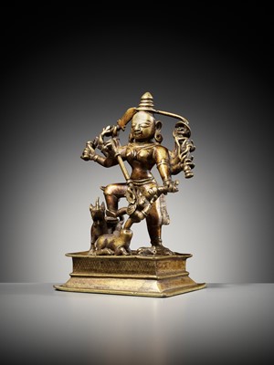 Lot 730 - A BRASS FIGURE OF DURGA MAHISHASURAMARDINI, INDIA, 16TH-17TH CENTURY
