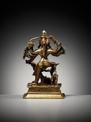 Lot 730 - A BRASS FIGURE OF DURGA MAHISHASURAMARDINI, INDIA, 16TH-17TH CENTURY