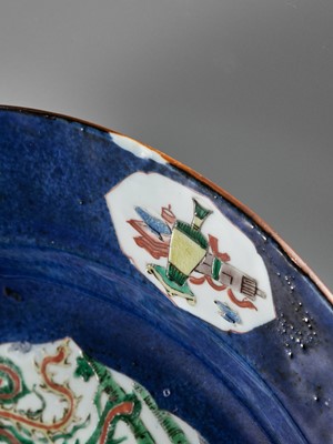 Lot 193 - A LARGE POWDER BLUE FAMILLE-VERTE ‘QILIN AND PHOENIX’ CHARGER, KANGXI PERIOD