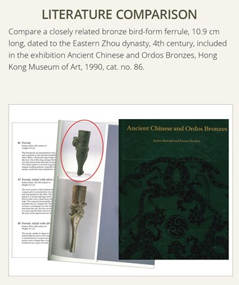 Lot 593 - A FINELY INCISED BRONZE ‘BIRD’ FERRULE, EASTERN ZHOU DYNASTY