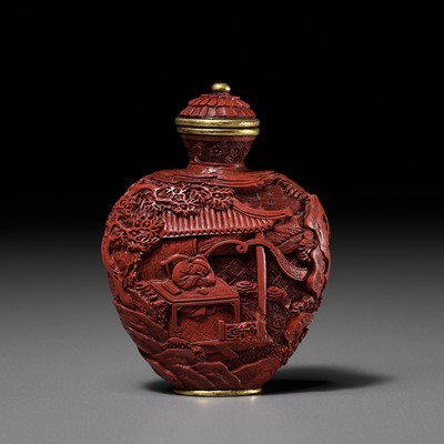 Lot 52 - AN IMPERIAL CINNABAR LACQUER ‘ZHANG SHENG’S DREAM’ SNUFF BOTTLE, CHINA, 1730-1830