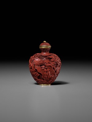 Lot 52 - AN IMPERIAL CINNABAR LACQUER ‘ZHANG SHENG’S DREAM’ SNUFF BOTTLE, CHINA, 1730-1830