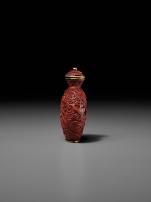 Lot 52 - AN IMPERIAL CINNABAR LACQUER ‘ZHANG SHENG’S DREAM’ SNUFF BOTTLE, CHINA, 1730-1830