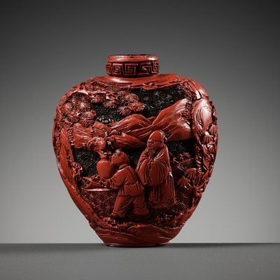 Lot 487 - A TWO-COLOR CINNABAR LACQUER SNUFF BOTTLE, PROBABLY IMPERIAL, 1730-1800