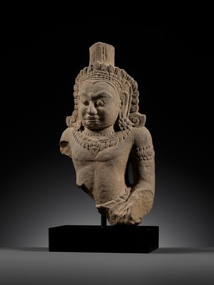 Lot 709 - A SANDSTONE BUST OF A DEMON, ASURA, ANGKOR PERIOD
