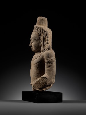 Lot 709 - A SANDSTONE BUST OF A DEMON, ASURA, ANGKOR PERIOD