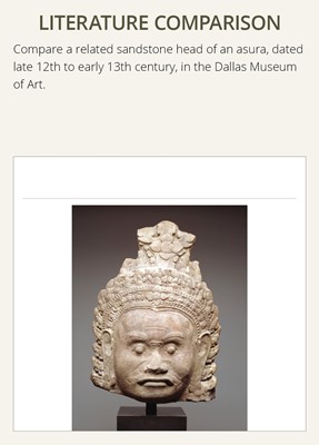 Lot 709 - A SANDSTONE BUST OF A DEMON, ASURA, ANGKOR PERIOD