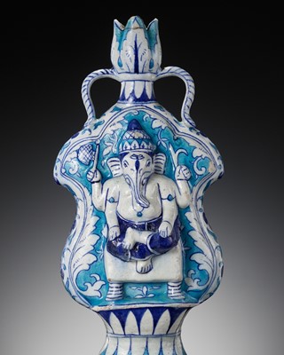 Lot 226 - A JAIPUR BLUE POTTERY ‘GANESHA’ FLASK, INDIA, RAJASTHAN, 19TH CENTURY