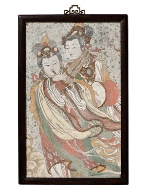 Lot 66 - A POLYCHROME STUCCO FRESCO FRAGMENT DEPICTING TWO CELESTIAL MUSICIANS, YUAN TO MING DYNASTY