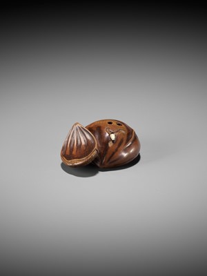 A FINE WOOD NETSUKE OF TWO CHESTNUTS WITH INLAID MAGGOTS