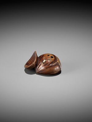 A FINE WOOD NETSUKE OF TWO CHESTNUTS WITH INLAID MAGGOTS