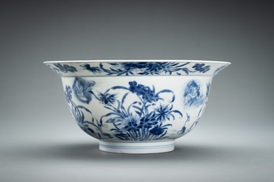 Lot 323 - A BLUE AND WHITE PORCELAIN ‘FLOWERS AND CRANES’ BOWL, KANGXI