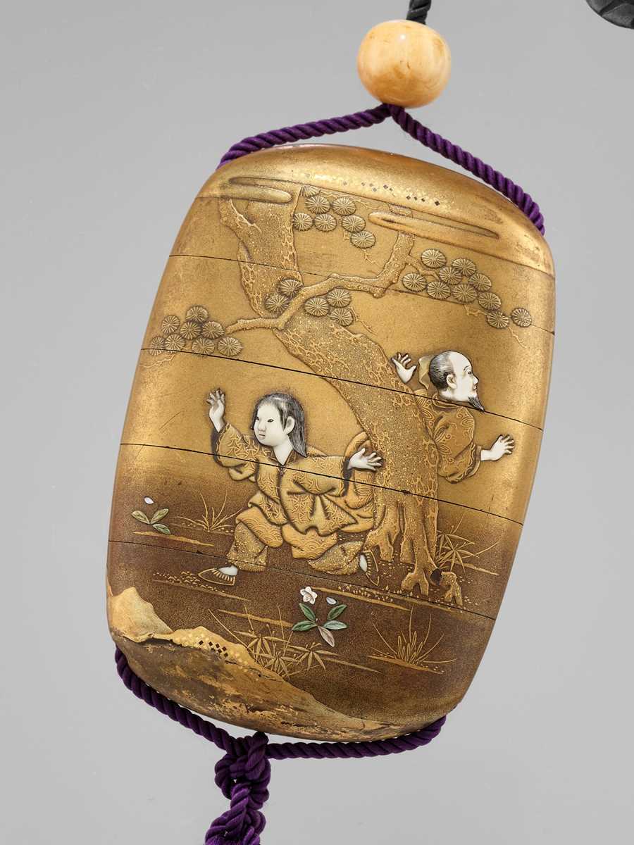 Lot 345 - A FINE FOUR-CASE GOLD LACQUER INRO WITH YOKO AND THE TIGER