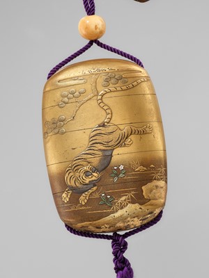 Lot 345 - A FINE FOUR-CASE GOLD LACQUER INRO WITH YOKO AND THE TIGER