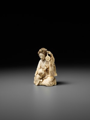 Lot 167 - TAIMIN: AN IVORY OKIMONO OF A MOTHER AND CHILD