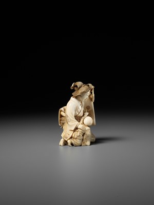 Lot 167 - TAIMIN: AN IVORY OKIMONO OF A MOTHER AND CHILD