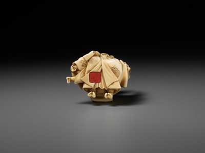 Lot 167 - TAIMIN: AN IVORY OKIMONO OF A MOTHER AND CHILD