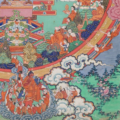 A FINE THANGKA DEPICTING AMITABHA IN HIS HEAVENLY REALM, 20TH CENTURY