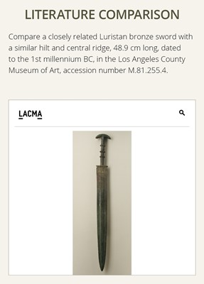 Lot 626 - A LURISTAN BRONZE SWORD, 1ST MILLENNIUM BC