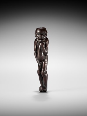 Lot 172 - MINKO: A TALL AND RARE WOOD NETSUKE OF A KAPPA FONDLING A CUCUMBER