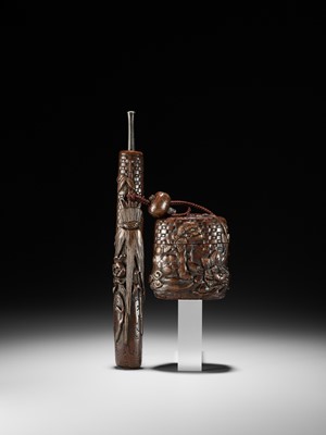 Lot 353 - A RARE TABAKO-IRE SET DEPICTING SHISHI AND PEONY AND DAIKOKU’S RAT