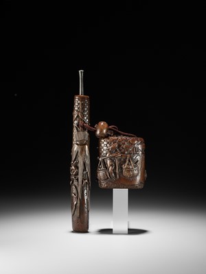 Lot 353 - A RARE TABAKO-IRE SET DEPICTING SHISHI AND PEONY AND DAIKOKU’S RAT