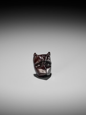 Lot 384 - YOSHIHISA: A VERY RARE WOOD MASK NETSUKE OF A HORNED KAPPA