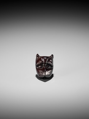 Lot 384 - YOSHIHISA: A VERY RARE WOOD MASK NETSUKE OF A HORNED KAPPA