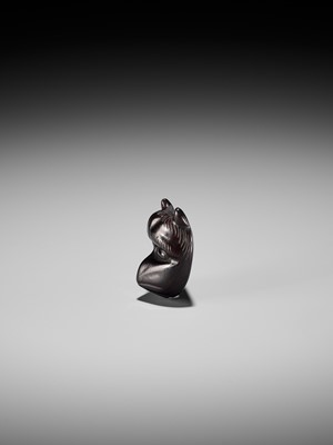Lot 384 - YOSHIHISA: A VERY RARE WOOD MASK NETSUKE OF A HORNED KAPPA