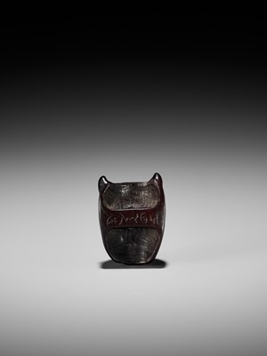 Lot 384 - YOSHIHISA: A VERY RARE WOOD MASK NETSUKE OF A HORNED KAPPA