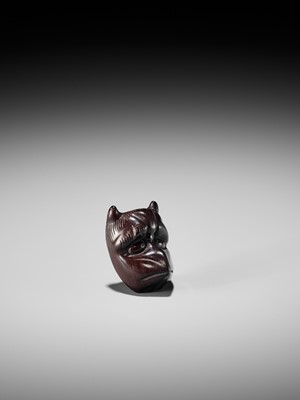 Lot 384 - YOSHIHISA: A VERY RARE WOOD MASK NETSUKE OF A HORNED KAPPA