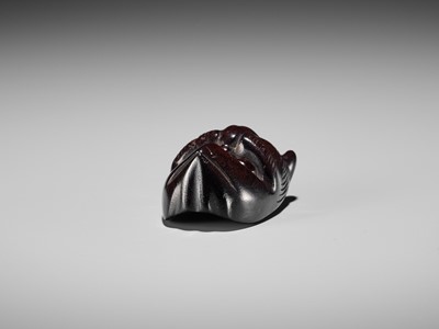 Lot 384 - YOSHIHISA: A VERY RARE WOOD MASK NETSUKE OF A HORNED KAPPA