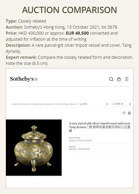 Lot 157 - A PARCEL-GILT SILVER TRIPOD JAR AND COVER, TANG DYNASTY